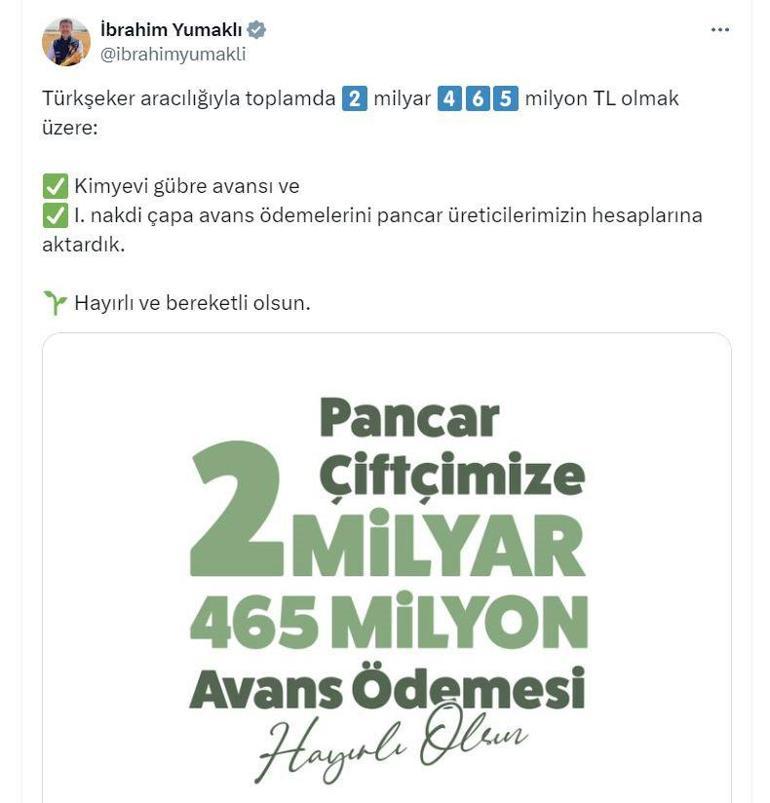 Bakan Yumaklı duyurdu: Gübre avansı ve 1inci nakdi çapa avans ödemeleri hesaplara yatırıldı