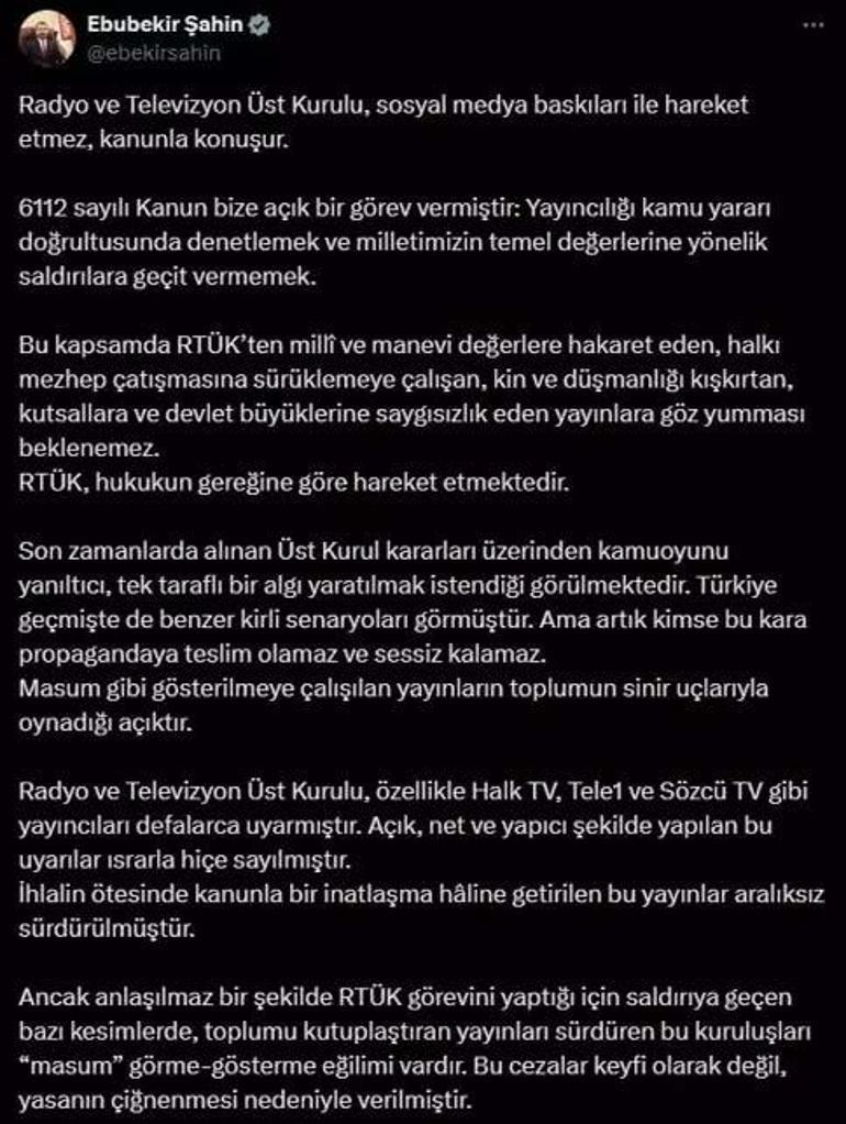 RTÜK Başkanı Şahin: RTÜK, sosyal medya baskıları ile hareket etmez