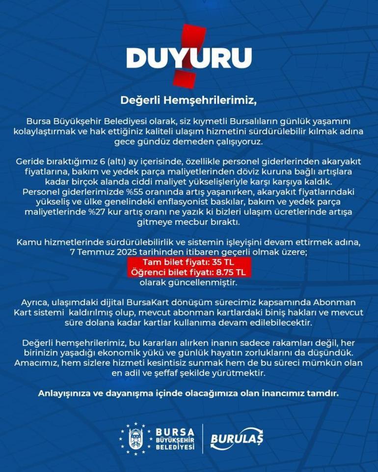 Bursada ulaşım zammından sonra yeni karar BURULAŞ duyurdu: Kaldırıldı