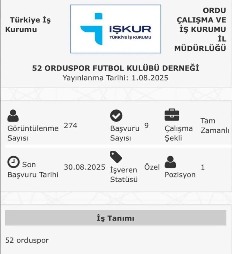 Herkes 52 Ordusporu konuşuyor İŞKUR üzerinden futbolcu ilanı verdi