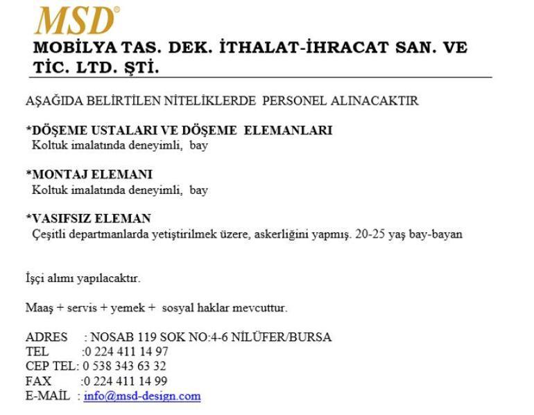 Mobilya devi duyurdu: Bursada vasıflı, vasıfsız çok sayıda personel alımı yapılacak