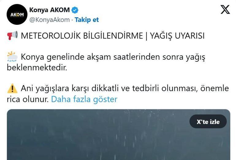 Konyada bugün hava nasıl 8 Eylül AKOM Konya uyarısı