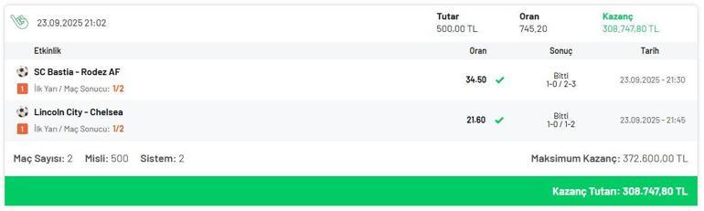 İki maçta 745 oran yakaladı 308.747,80 TL kazandı