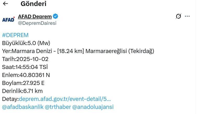 İstanbulda hissedilen deprem oldu Kaç büyüklüğünde Merkez üssü neresi
