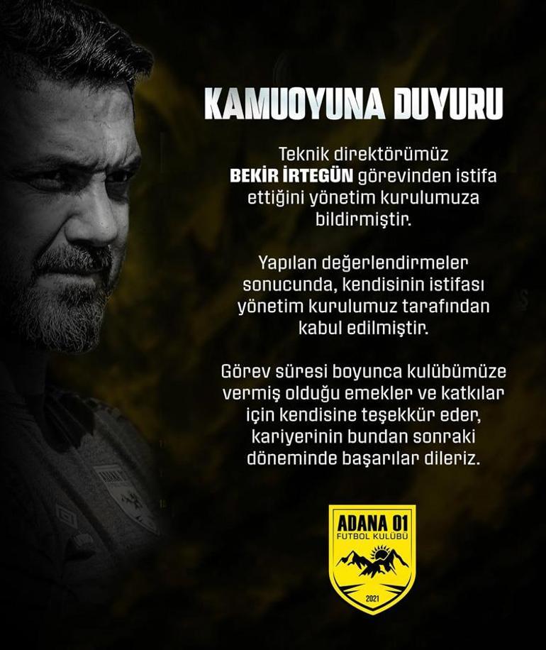 Adana 01 FK’da sürpriz ayrılık Bekir İrtegün dönemi sona erdi