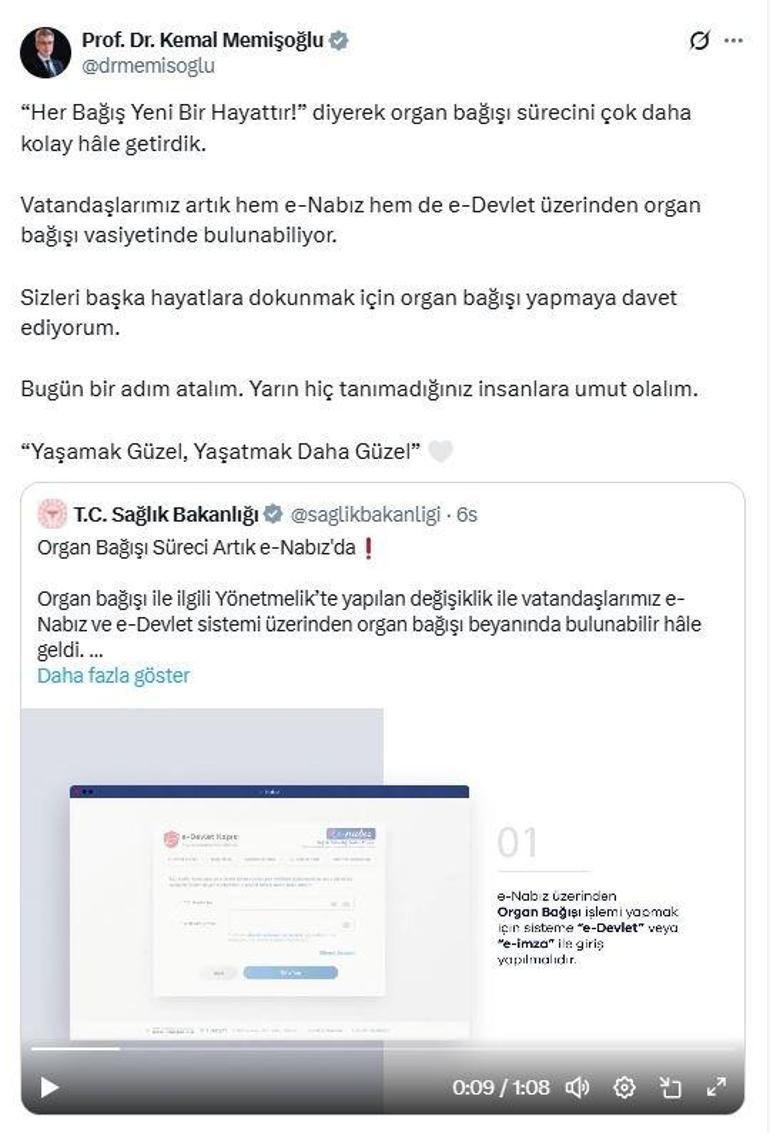 Sağlık Bakanı Kemal Memişoğlu: Vatandaşlarımız hem e-Nabız hem de e-Devlet üzerinden organ bağışı vasiyetinde bulunabiliyor