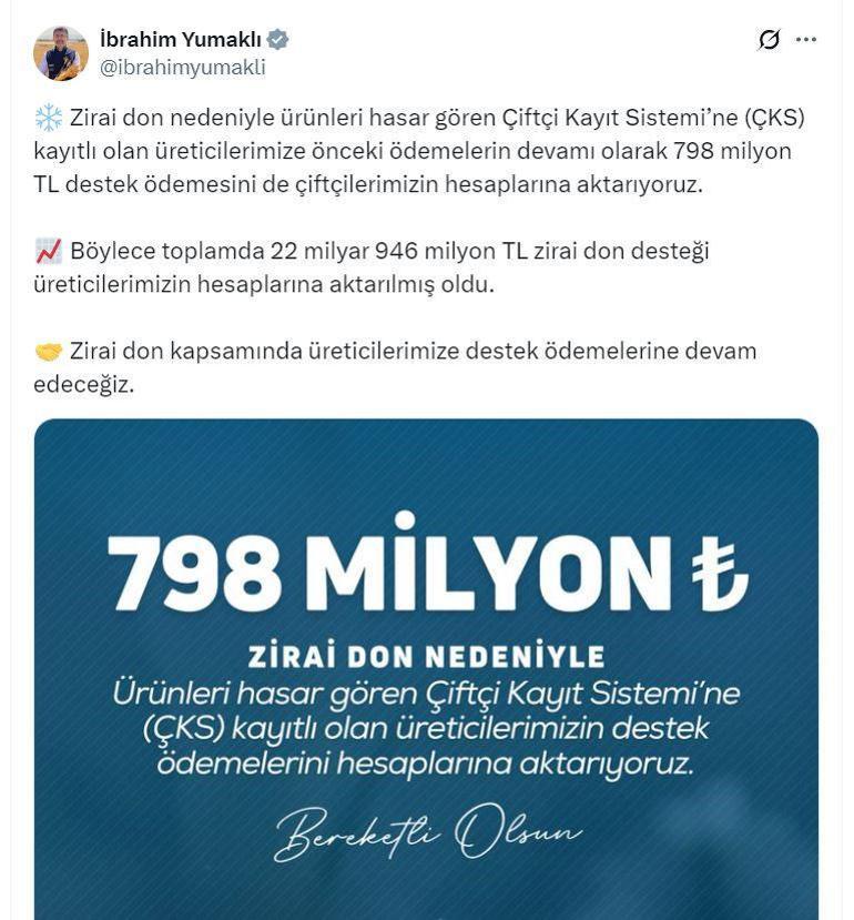 Bakanlık duyurdu: Üreticilere 22 milyar 946 milyon lira zirai don desteği