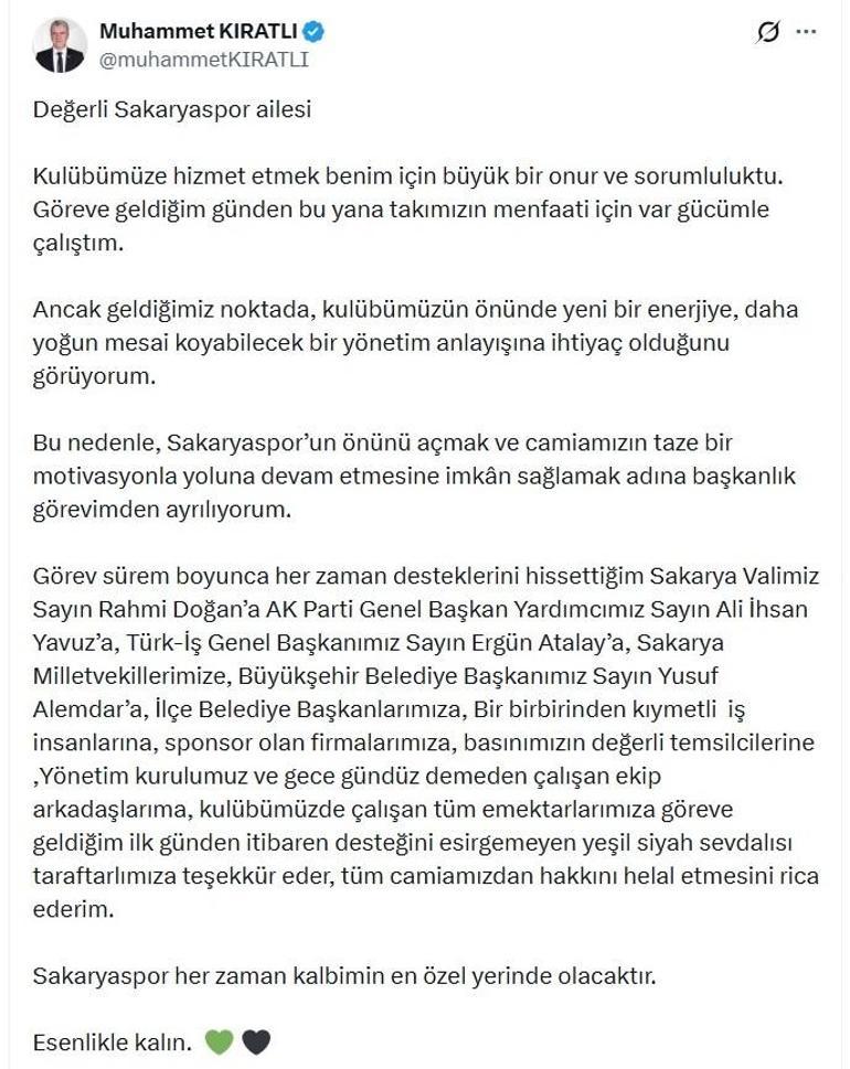 Sakaryaspor Başkanı Muhammet Kıratlı istifa ettiğini açıkladı