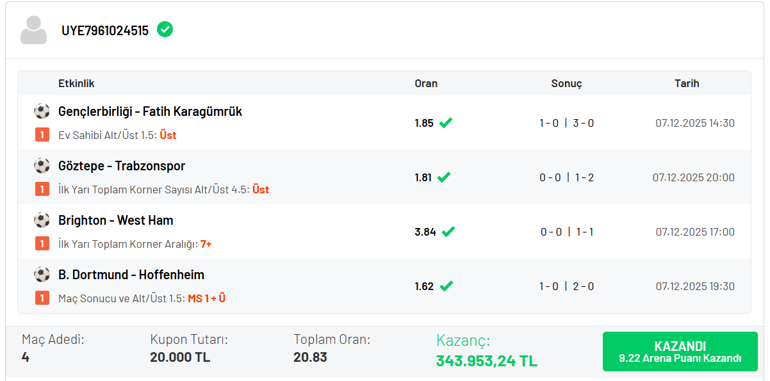 Misli’de oynadı, misliyle kazandı Tam 343.953 TL…