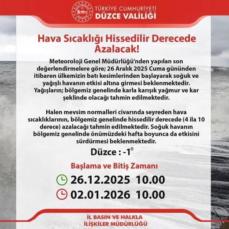 Düzce Valiliğinden yoğun kar yağışı uyarısı
