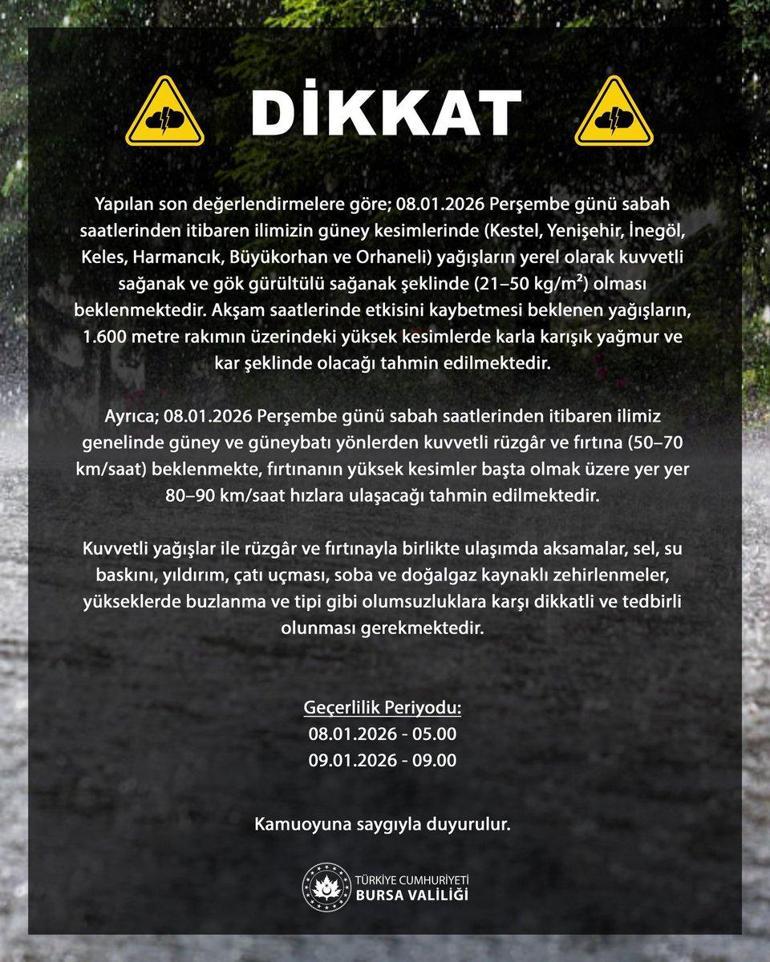 Bursada yarın (9 Ocak Cuma) okullar tatil mi Meteoroloji uyarısının ardından Bursa Valiliği sosyal medyadan duyurdu