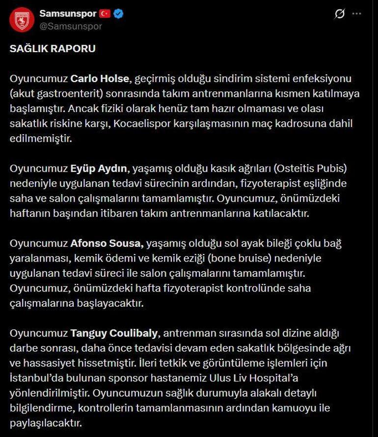 Samsunspordan 4 futbolcunun sakatlığı hakkında açıklama geldi