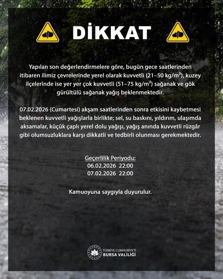 Bursa Valiliğinden gök gürültülü sağanak yağış uyarısı geldi