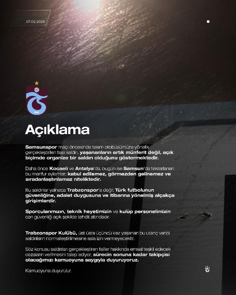 Samsundaki taşlı saldırı sonrası Trabzonspor’dan açıklama
