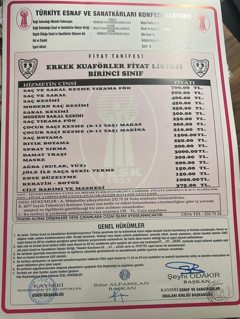 Kayseri’de berber ve kuaför ücretlerine zam geldi