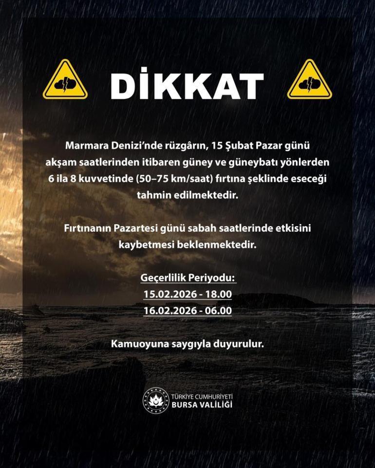 Bursa Valiliğinden Marmara Denizi için fırtına uyarısı: Pazar-pazartesi bu saatlere dikkat