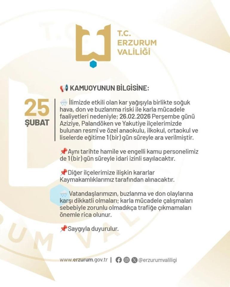 Erzurum Valiliği duyurdu: Erzurum’da okullara bir gün kar tatili