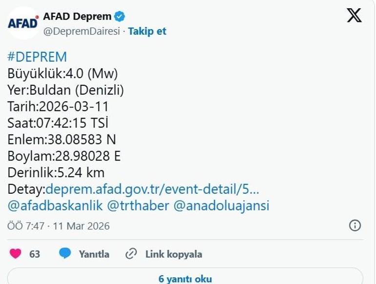 AFAD duyurdu: Denizli Buldanda korkutan deprem