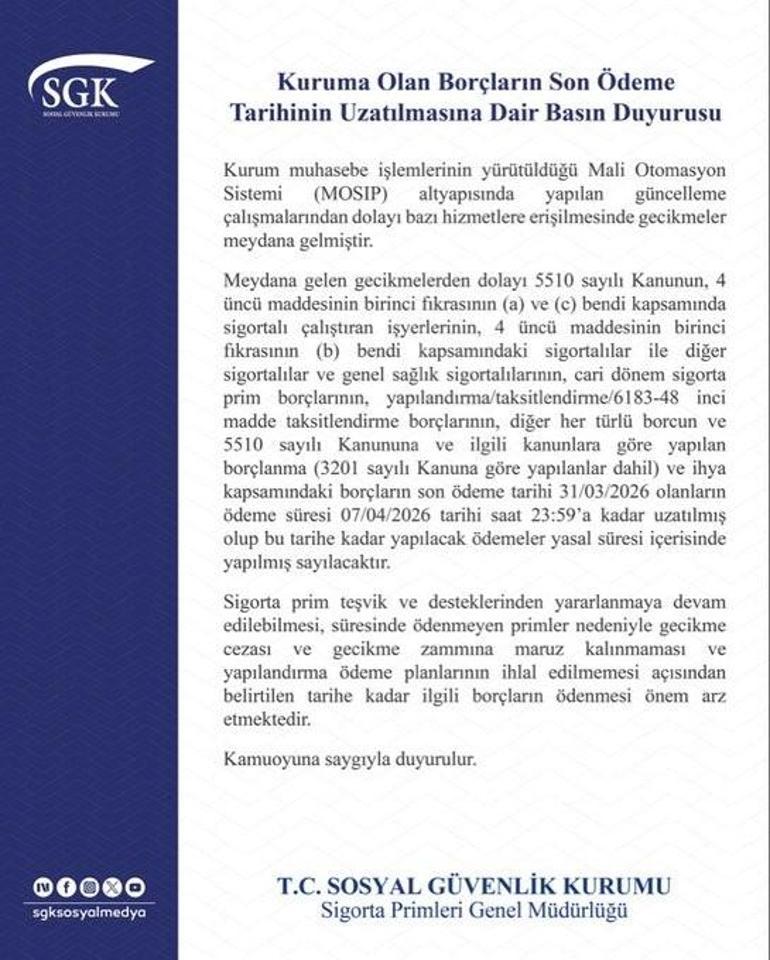 SGK açıkladı: Borçların son ödeme süresi 7 Nisan’a uzatıldı