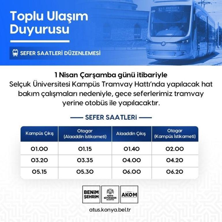 Konya’da tramvay hattında gece seferleri değişiyor: O saatlerde otobüs kullanılacak