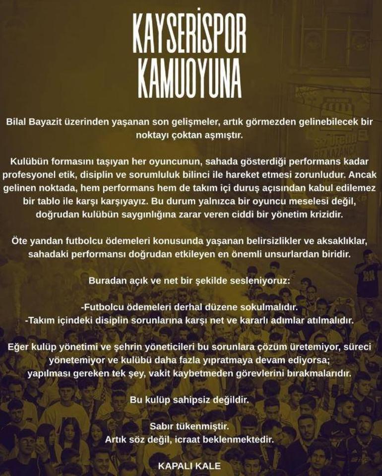 Kayserispor taraftar grubu Kapalı Kaleden yönetime tepki: Bu kulüp sahipsiz değildir, sabır tükenmiştir