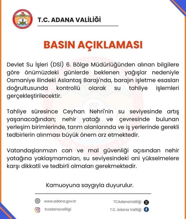 Adana Valiliği vatandaşları taşkına karşı uyardı