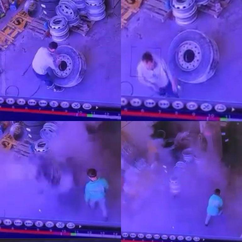 Kamyon lastiği şişirilirken bomba gibi patladı: O anlar kamerada