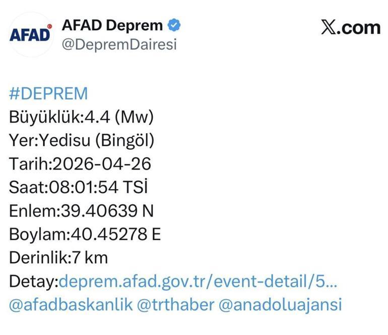 AFAD duyurdu Bingölde korkutan deprem