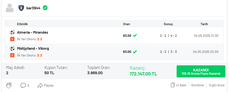 İlk yarı skorlarını bildi, Misli’yle kazandı Tam 3.969 oranla 172.147 TL…