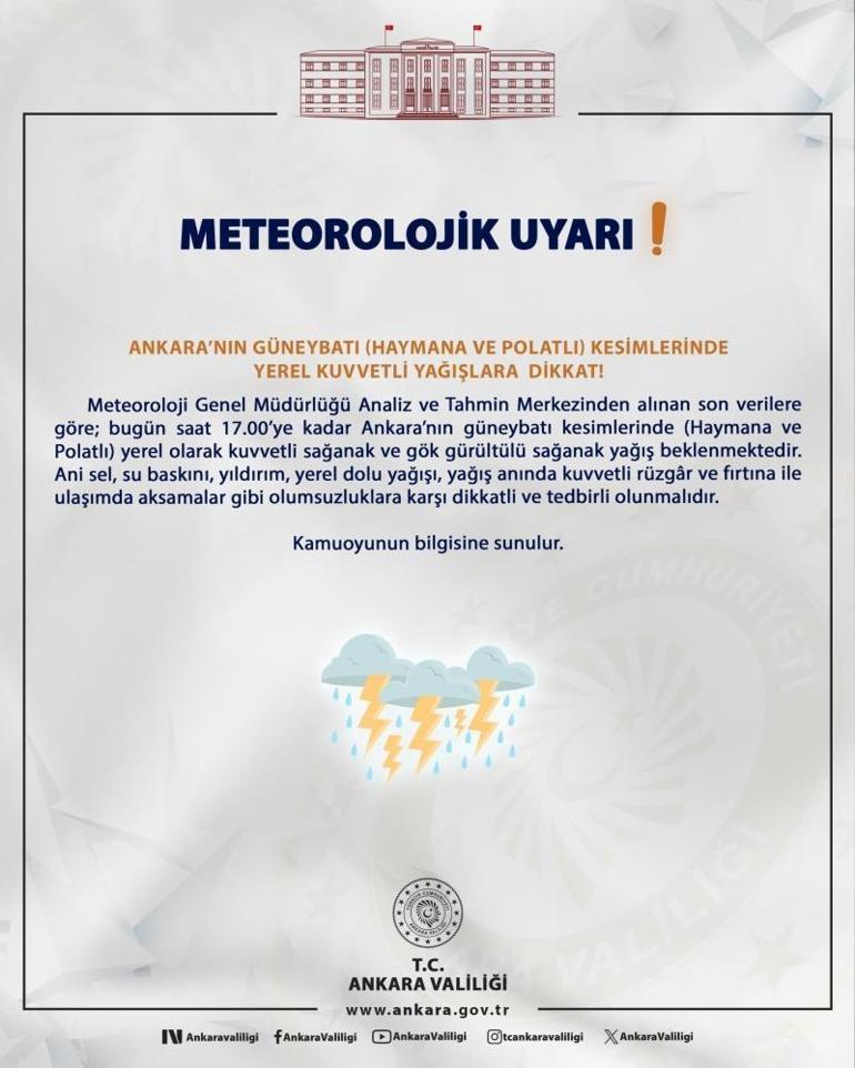 Meteoroloji açıkladı Ankara Valiliğinden sel ve su baskını uyarısı geldi: Haymana ve Polatlıda kuvvetli yağış bekleniyor
