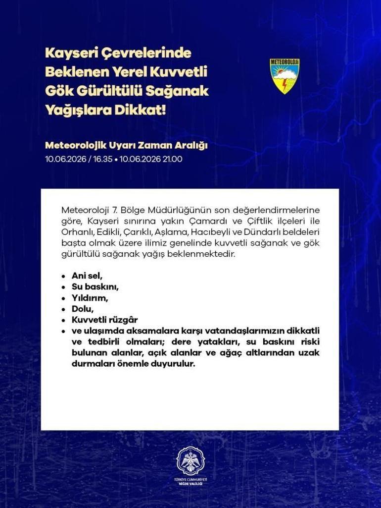 Meteorolojiden Niğde için kuvvetli yağış uyarısı geldi