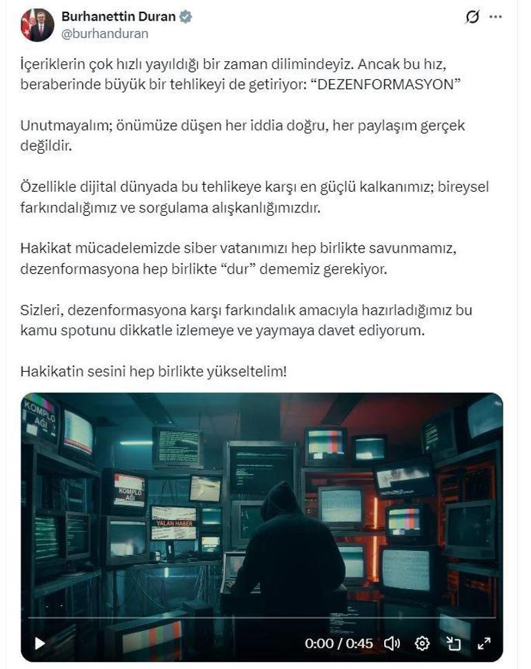 İletişim Başkanı Duran: Dezenformasyona hep birlikte dur dememiz gerekiyor