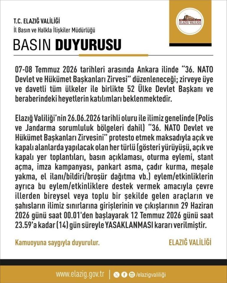 Elazığ Valiliği duyurdu: İl genelinde tüm etkinlikler ve eylemler 14 günlüğüne yasaklandı