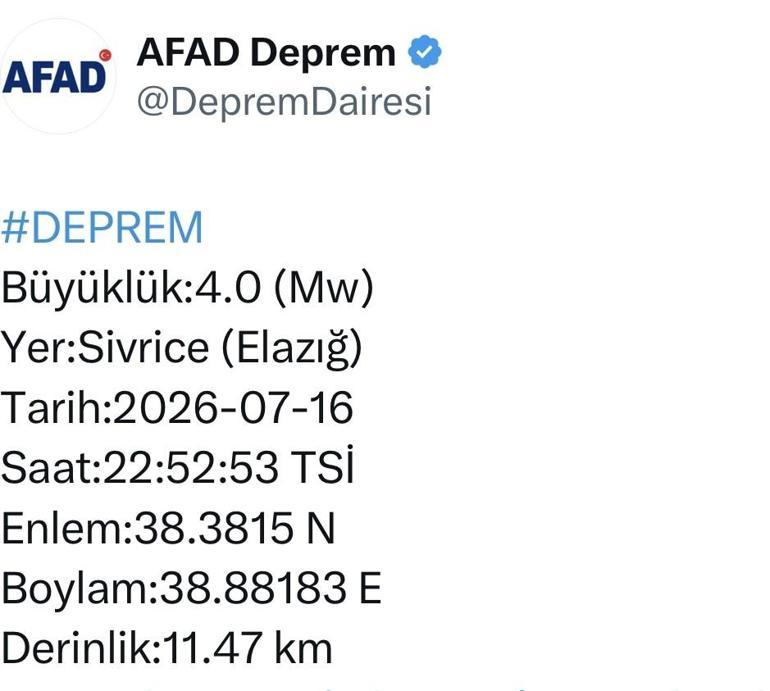 Elazığ Sivrice’de 4.0 büyüklüğünde deprem meydana geldi