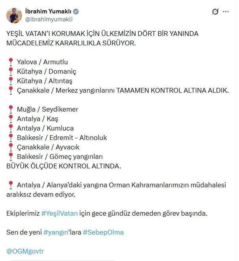Kütahya, Yalova ve Çanakkale yangınları tamamen kontrol altına alındı