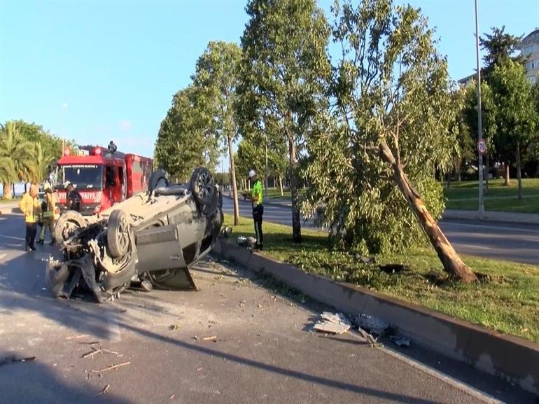 Kartalda korkunç kaza: Refüje çarpan otomobil takla attı