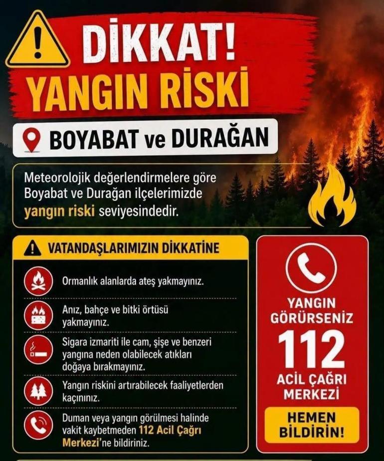 Sinop Valiliği iki ilçeye yüksek yangın riski uyarısında bulundu
