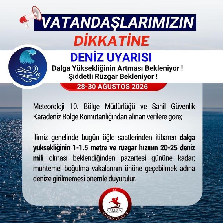 Samsun Valiliği tarihi açıklayarak uyardı: Denize girmeyin