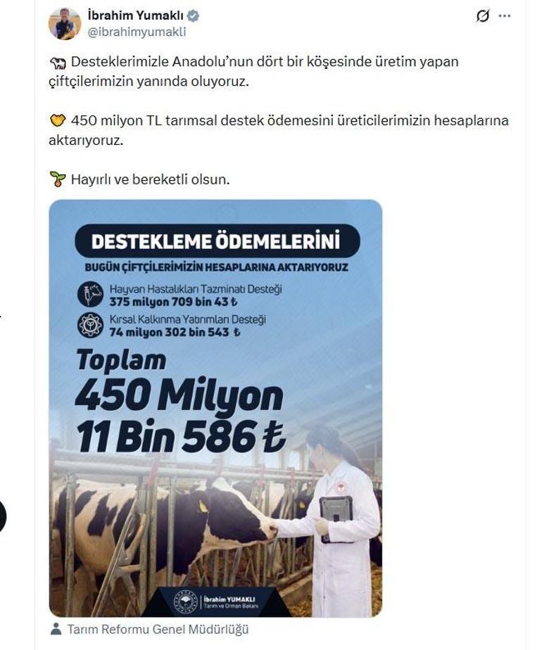 Bakan Yumaklıdan üreticilere müjde: 450 milyon TL tarımsal desteği hesaplara aktarıyoruz