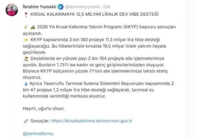 Kırsal kalkınmaya 12,5 milyar liralık hibe desteği
