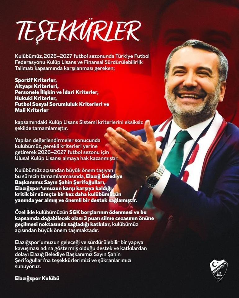 Elazığspor eksi 3 puan silme cezasından kurtuldu