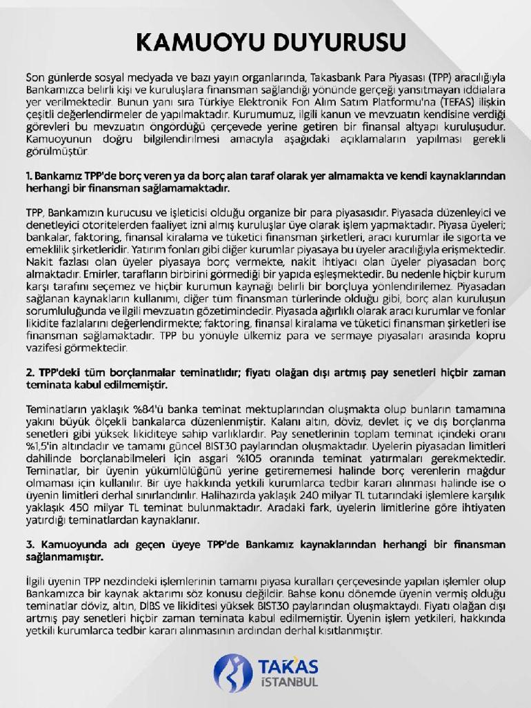 Takasbanktan TPP ve TEFAS iddialarına ilişkin açıklama