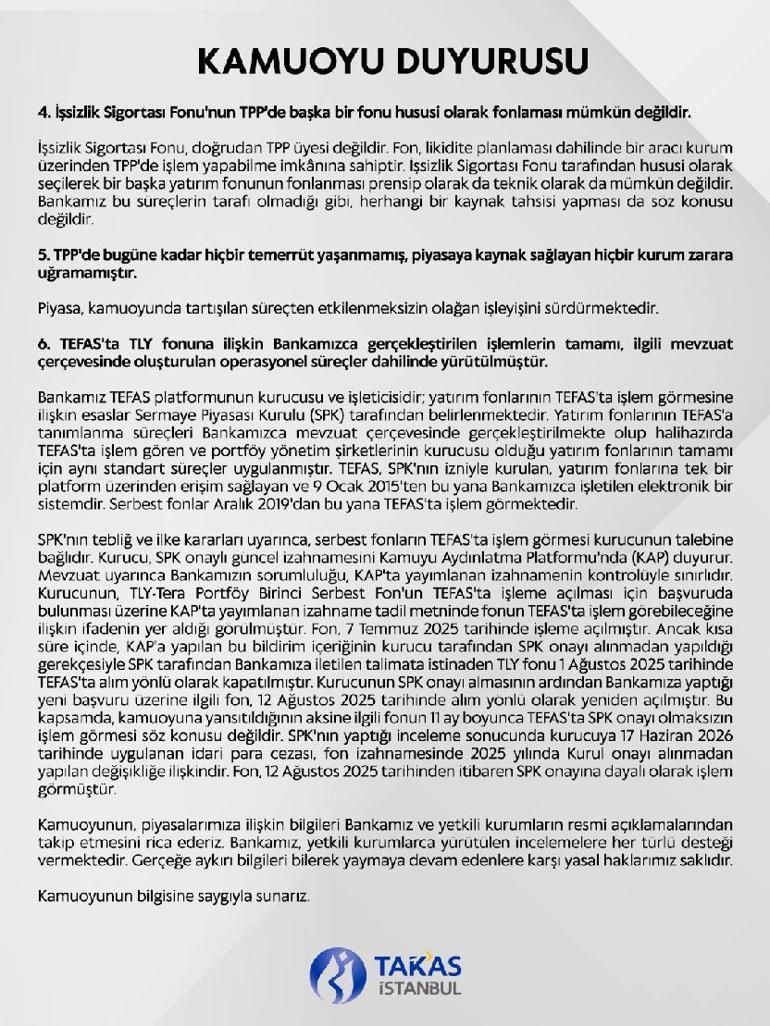 Takasbanktan TPP ve TEFAS iddialarına ilişkin açıklama
