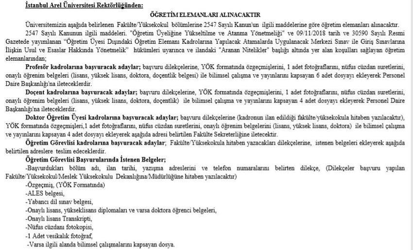İstanbul Arel Üniversitesi, öğretim elemanı alacak!