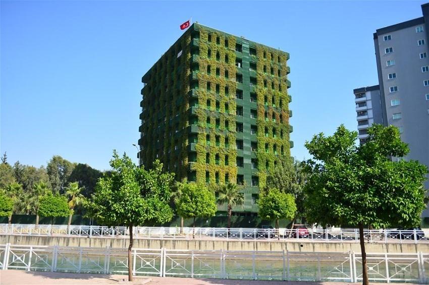Sarmaşıklarla kaplı 10 katlı bina görüntüsüyle dikkat çekiyor