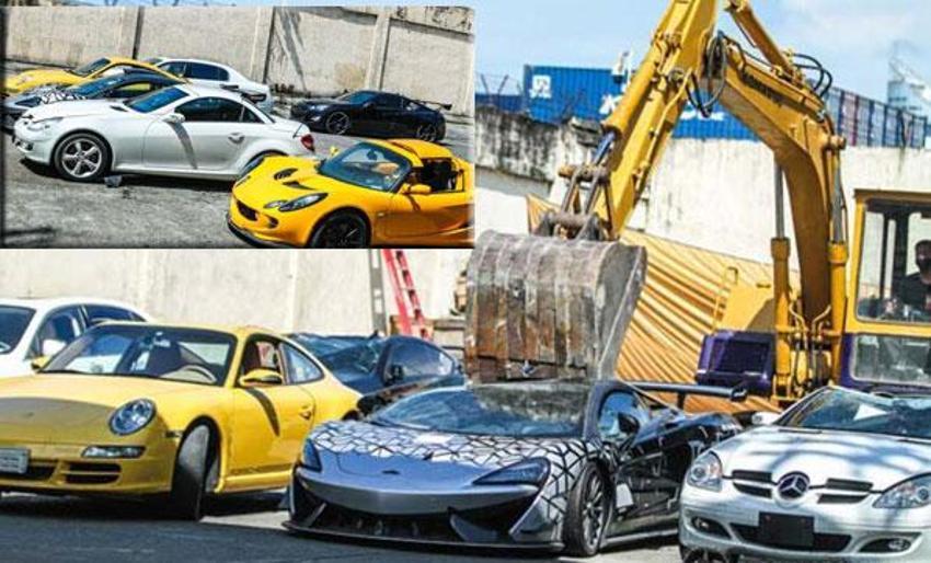 21 lüks otomobil yok edildi! McLaren 620R, Lotus Exige S240, Mercedes-Benz SLK, Bentley Flying Spur, Porsche 911 C2S...
