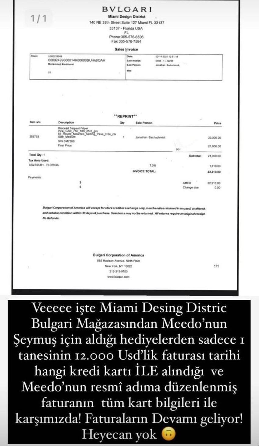 Meedo'nun Şeyma Subaşı'na aldığı hediyelerin faturaları ortaya çıktı!