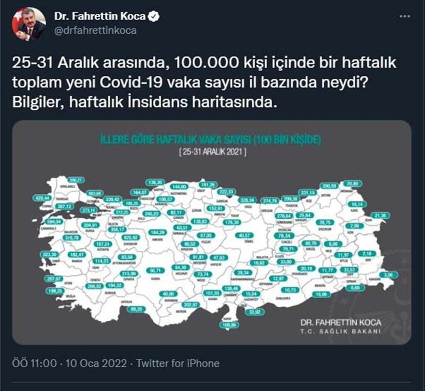 Sağlık Bakanı Fahrettin Koca yeni haritayı paylaştı! İl il koronavirüste son durum...