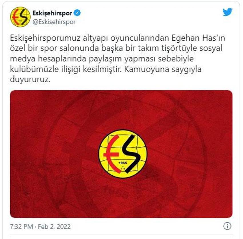 Galatasaray tişörtü ile paylaşım yaptı takımdan kovuldu! Eskişehirspor'dan altyapı futbolcusu Egehan Has kararı...
