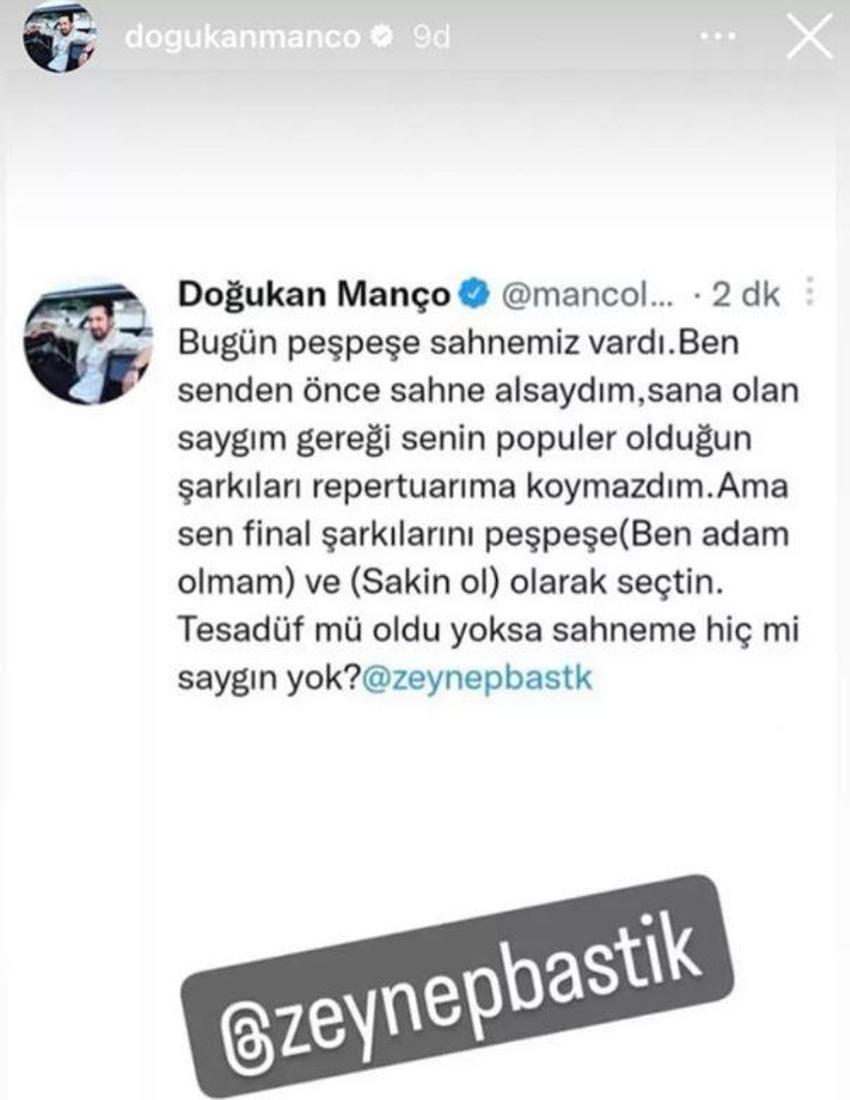 Doğukan Manço'dan Zeynep Bastık'a tepki! 'Sahneme hiç mi saygın yok?'